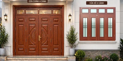 Gía cửa thép vân gỗ 4 cánh
